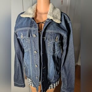 True Religion Men Blue Denim Sherpa Collar Jacket Size L/L